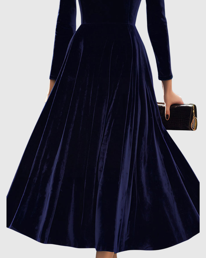Eva | Marineblauwe Midi Jurk met Lange Mouwen