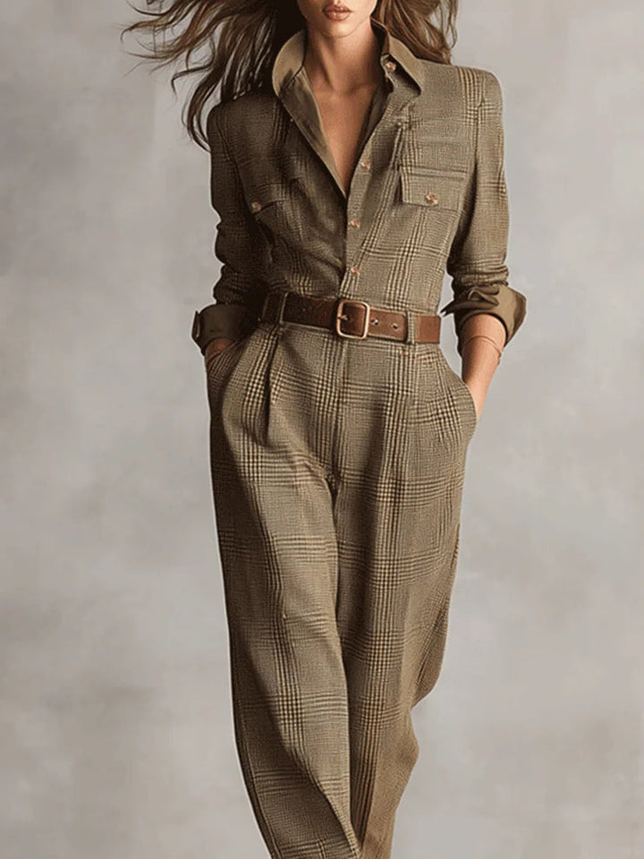 Zoë | Verfijnde tweed textuur geruite utility jumpsuit