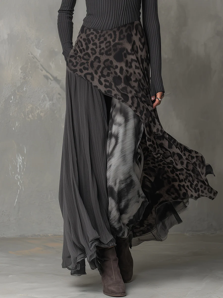 Grijze | Pit Stripe Luipaardprint Splicing Ongelijke Zoom Maxi Jurk