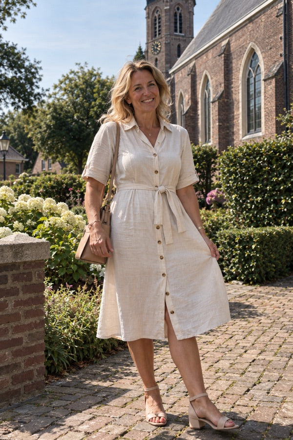 Klantfoto van Katherine Moore in de linnen jurk met knoopsluiting