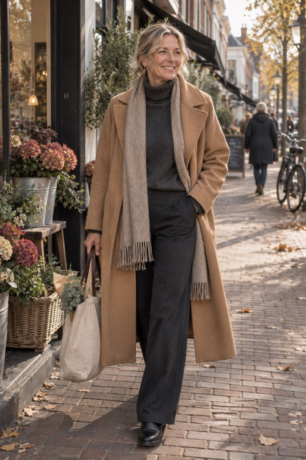 Klantfoto van Linda Thompson in de camel wollen jas